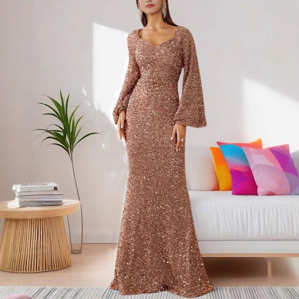 Damen Glamouröses Glitzer-Abendkleid mit schwingendem Rock und voluminösen Ärmeln EB