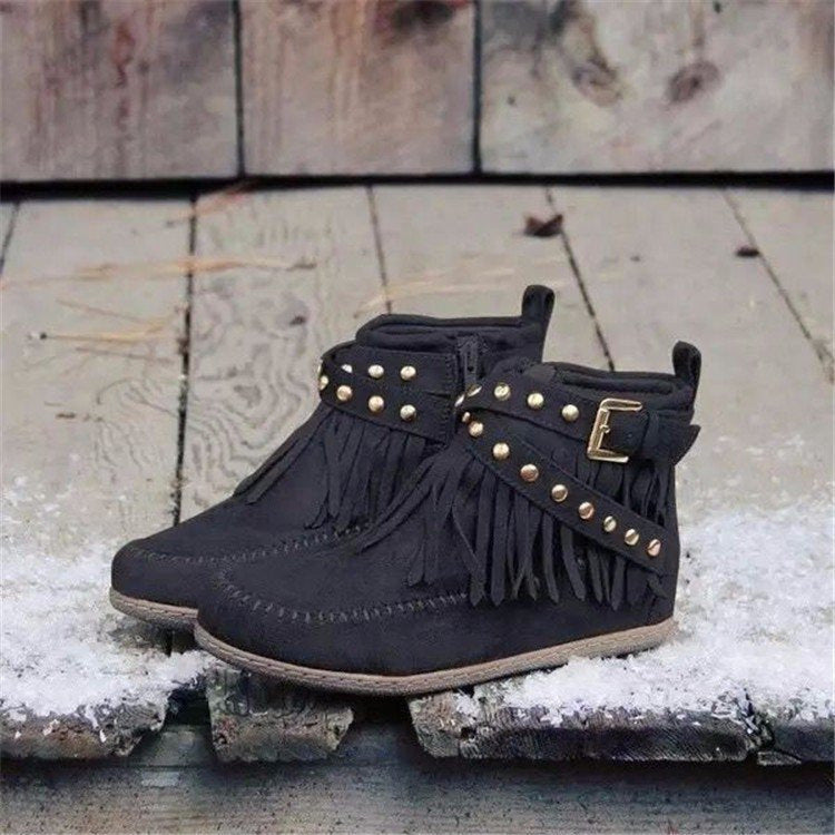 Damen Mokassin Stiefeletten mit modischen Fransen und dekorativen Nieten EB