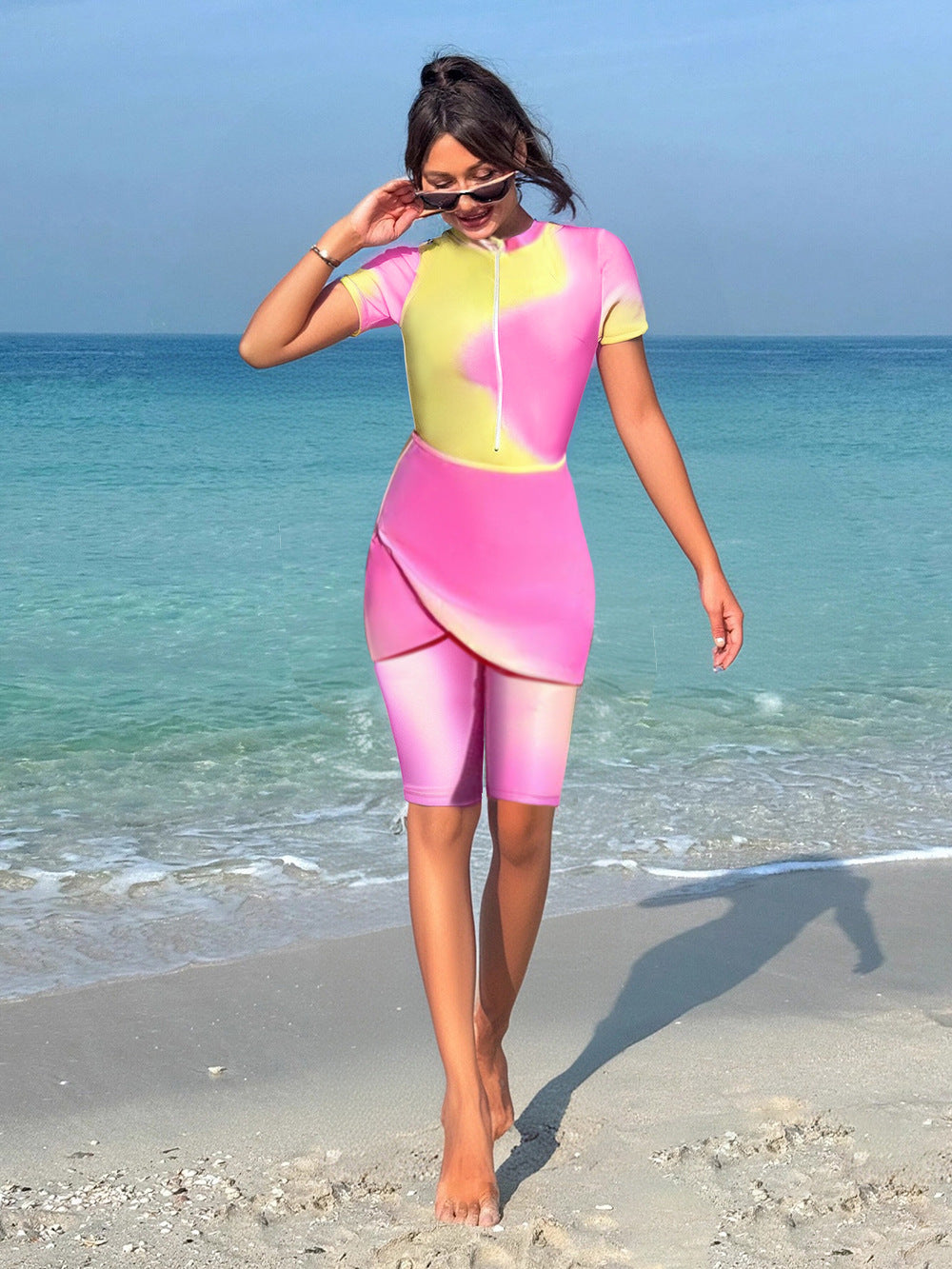 Damen modischer Sport-Schwimmanzug mit Zip und femininem Wickeldetail EB