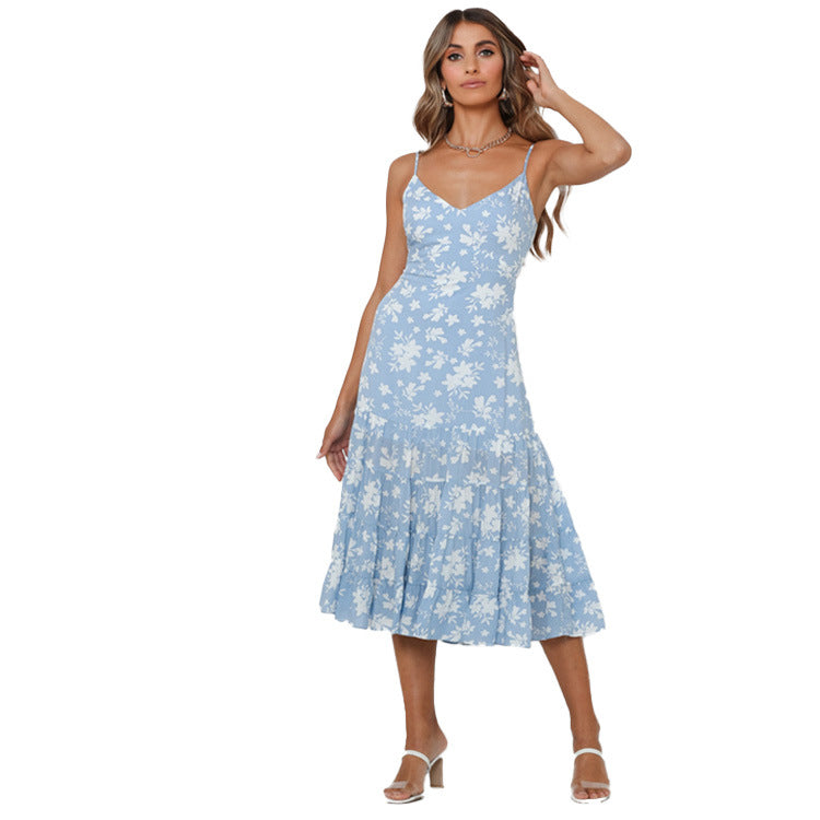 Damen Sommerliches Blumenkleid mit romantischem Volant und Spaghettiträgern EB
