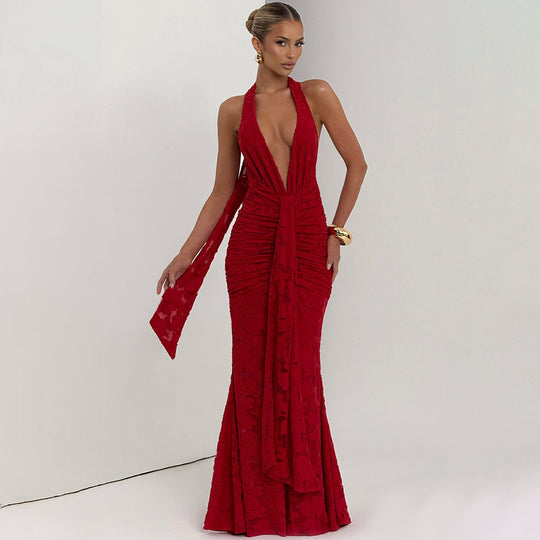Damen Elegantes Maxikleid mit tiefem V-Ausschnitt und strukturierter Raffung EB
