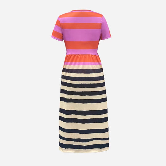 Damen Maxikleid mit tiefem V-Ausschnitt und modischem Streifenmuster EB