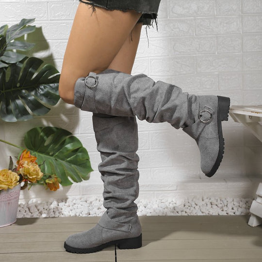 Damen Overknee-Stiefel aus weichem Wildleder mit dekorativem Schnallen-Detail EB