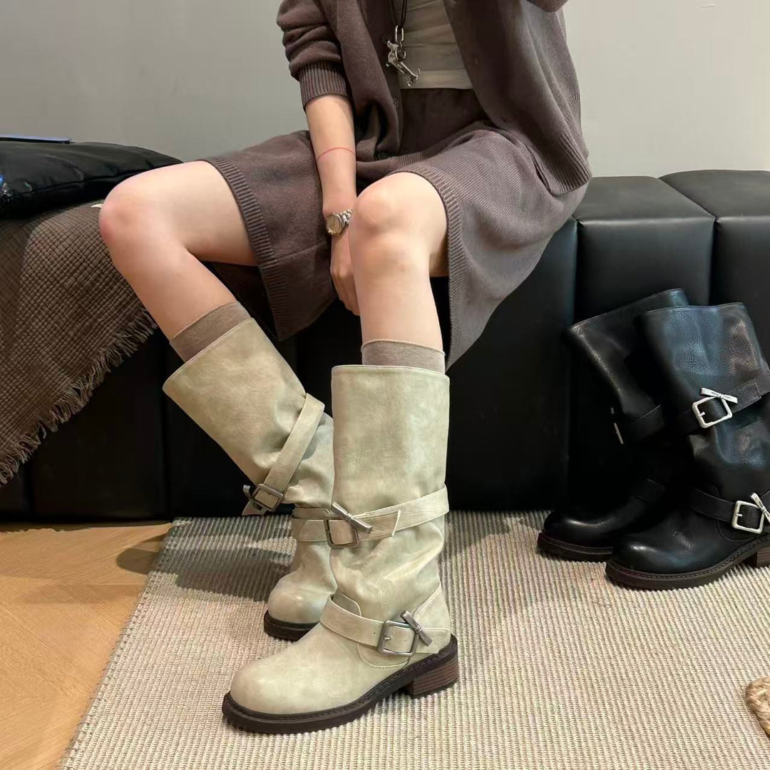 Damen modische Stiefel mit verstellbaren Riemen und komfortablem Blockabsatz EB