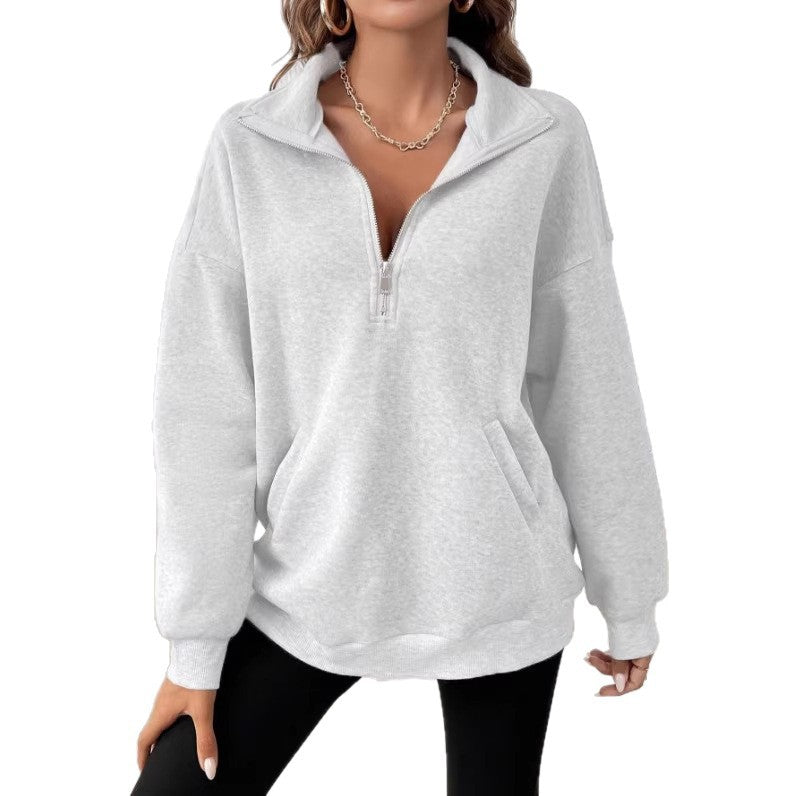 Damen Oversize Sweatshirt mit halbem Reißverschluss, Kängurutasche und Stehkragen EB