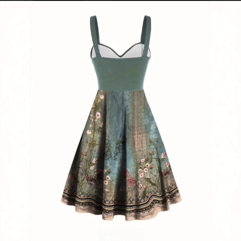 Damen A-Linien Kleid mit floralem Design und Zierknöpfen EB