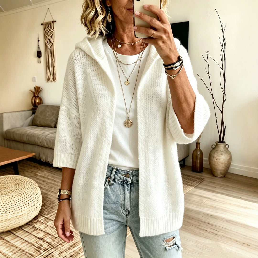 Damen Kapuzen-Longcardigan aus grobem Strick mit 3/4-Ärmeln und offener Front EB