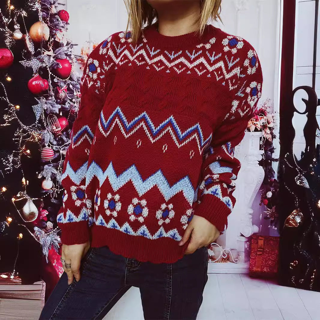 Damen festlicher Strickpullover mit nordischem Muster EB