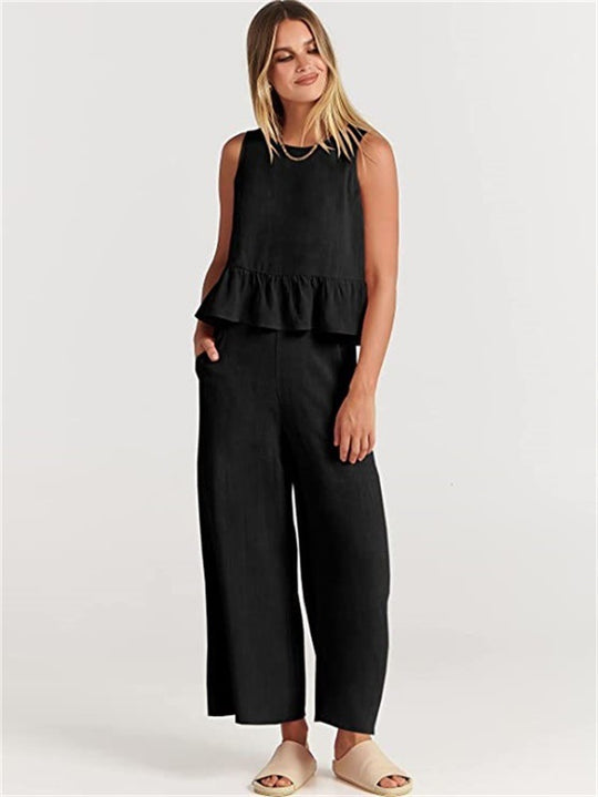 Damen Zweiteiler-Set mit schickem Peplum-Oberteil und weit geschnittenen Hosen EB