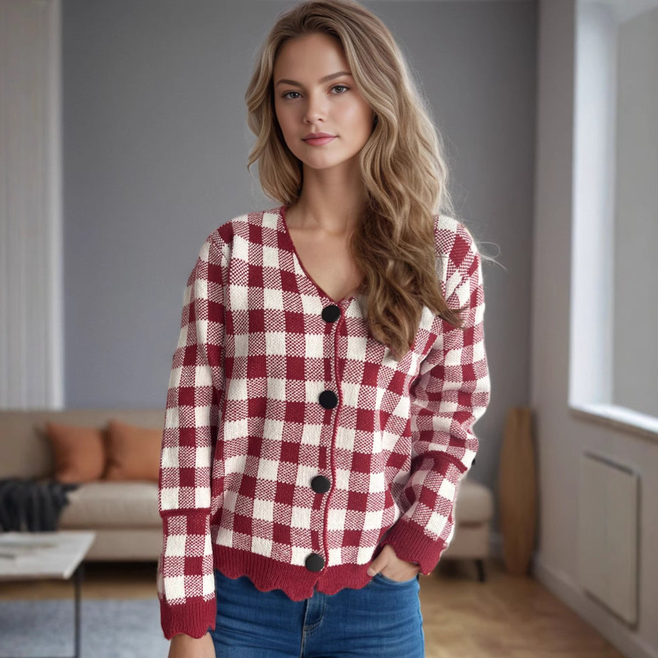 Damen lässige Strickjacke mit kräftigem Karomuster und modischen Knopfdetails EB
