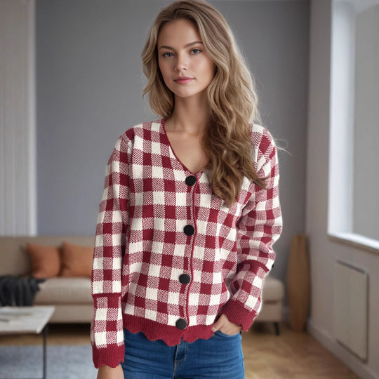 Damen lässige Strickjacke mit kräftigem Karomuster und modischen Knopfdetails EB