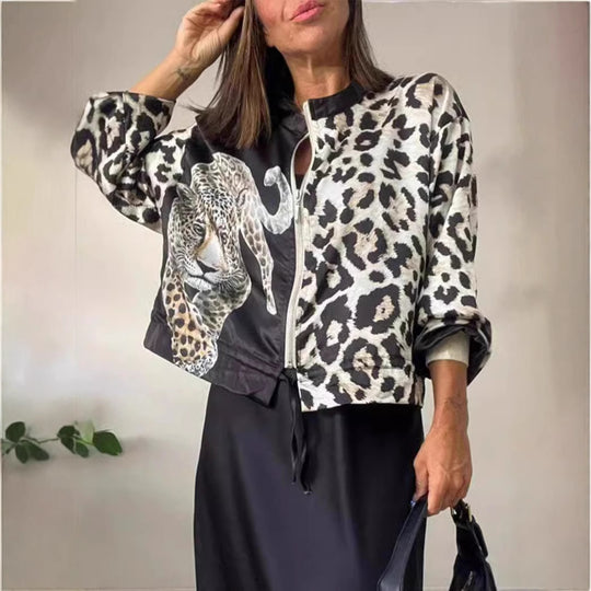 Damen entspannte Bomberjacke mit extravagantem Leoparden-Motiv EB