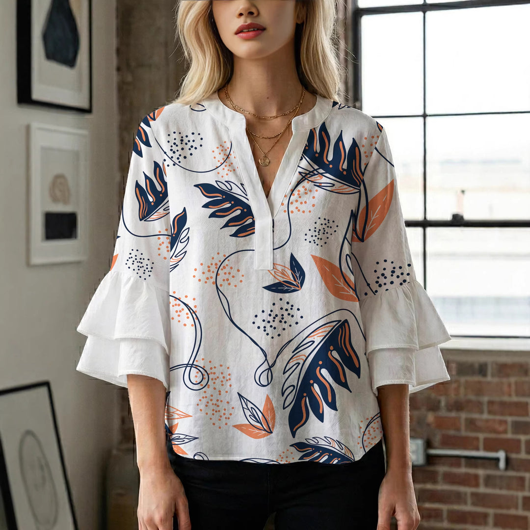 Damen Elegantes Oberteil mit voluminösen Rüchenärmeln und floralem Druck EB