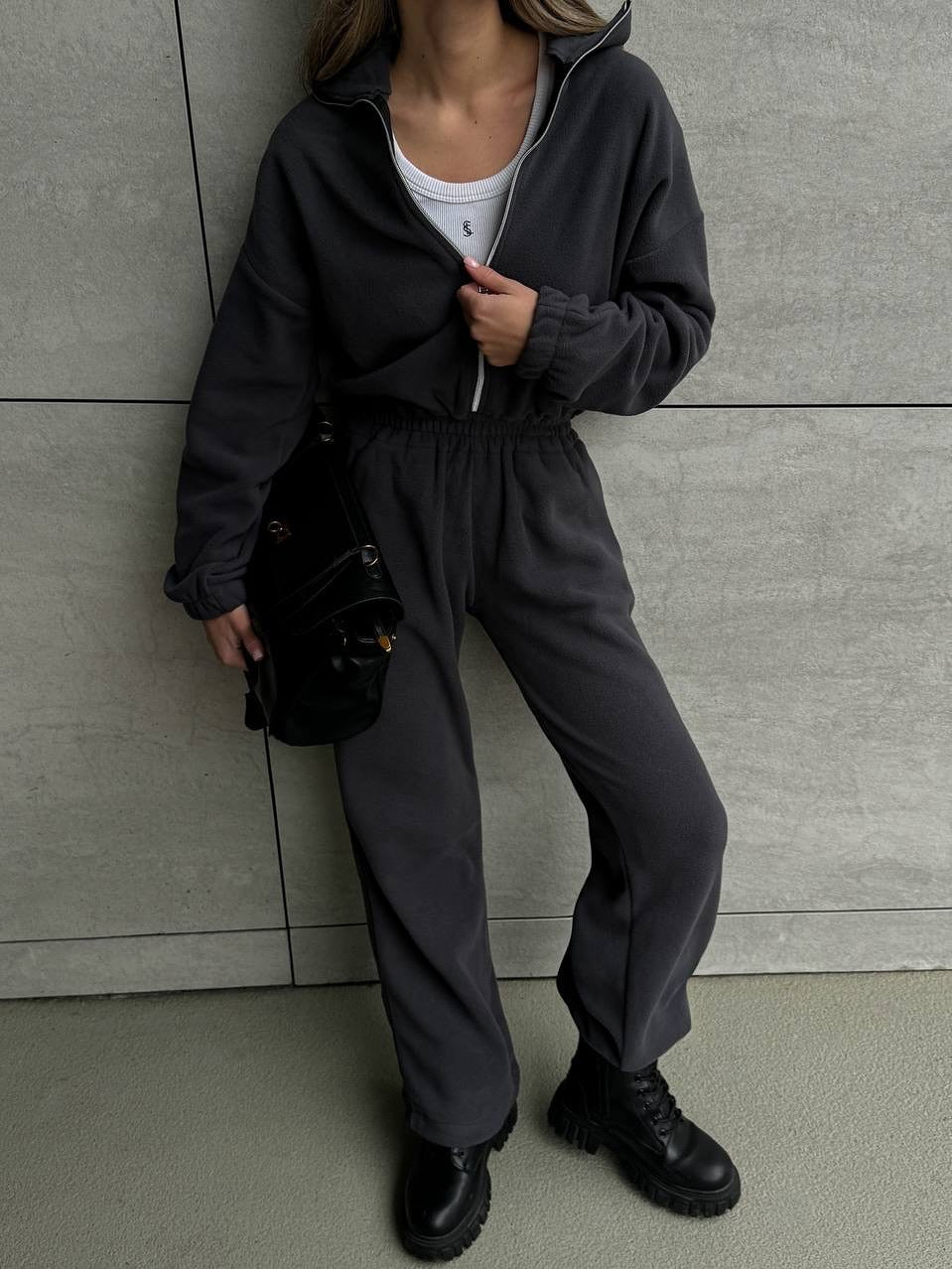 Damen Lässiger Fleece-Hausanzug mit Zip-Kapuze und elastischem Taillenbund EB