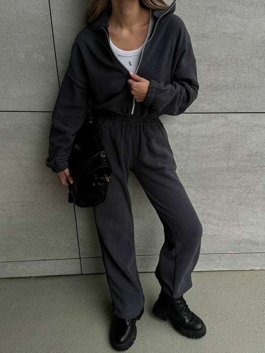 Damen Lässiger Fleece-Hausanzug mit Zip-Kapuze und elastischem Taillenbund EB