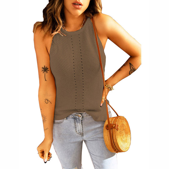 Damen ärmelloses Stricktop mit Rippstruktur und dekorativem Lochmuster EB