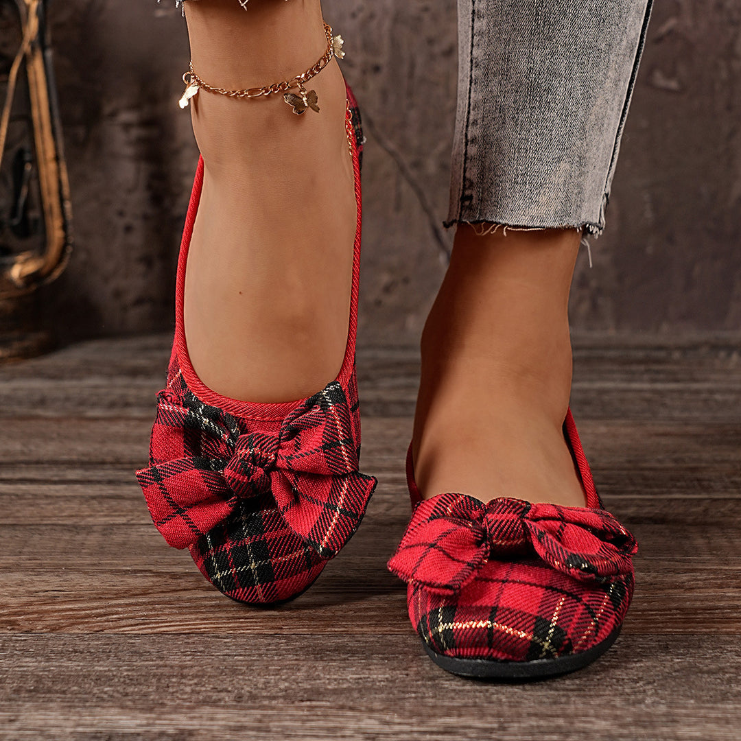 Damen  karierter Ballerina Slipper mit dekorativer Schleife und gepolstertem Komfortfußbett EB