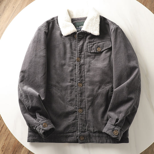 Herren nan gefütterte Cordjacke mit Teddykragen, Knopfleiste und aufgesetzten Taschen EB