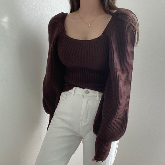 Damen Cropped Pullover mit voluminösen Ärmeln und Rippstruktur EB