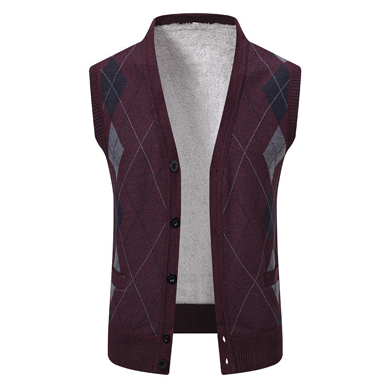 Herren nan ärmellose Strickweste mit Argyle-Muster, Teddyfutter und durchgehender Knopfleiste EB
