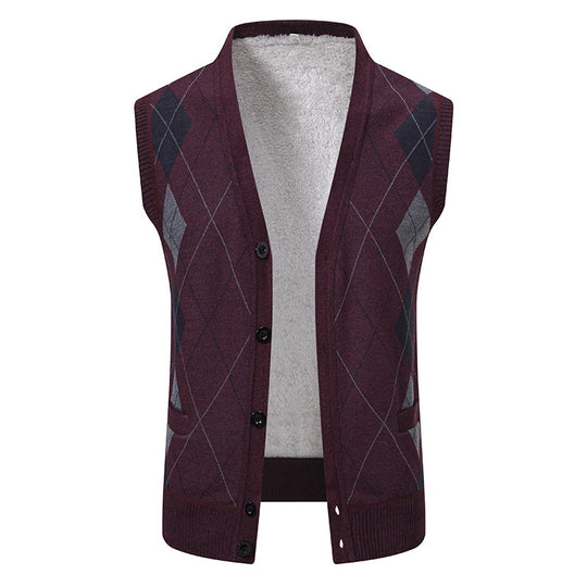Herren nan ärmellose Strickweste mit Argyle-Muster, Teddyfutter und durchgehender Knopfleiste EB