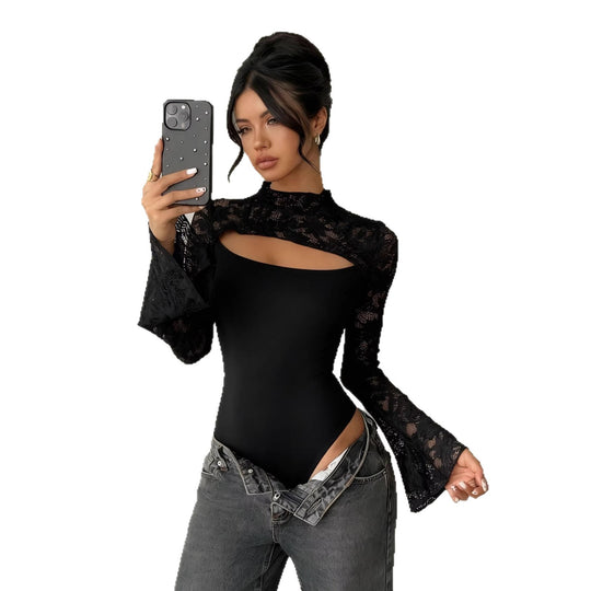 Damen Body mit transparenten Spitzenärmeln und modernem Cut-Out EB