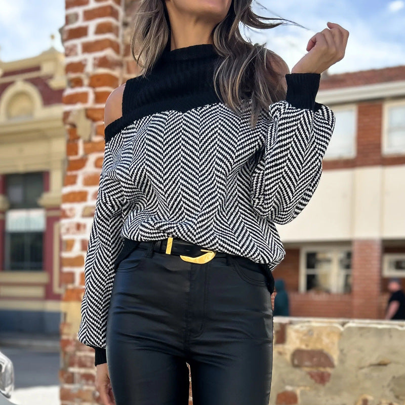 Damen Oversized Strickpullover mit दीपem Halsausschnitt und off-shoulder Design EB