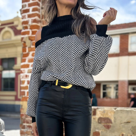 Damen Oversized Strickpullover mit दीपem Halsausschnitt und off-shoulder Design EB