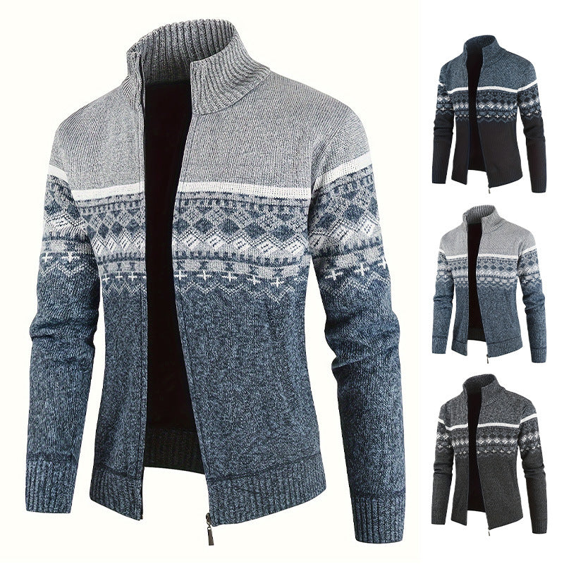 Herren Thermo-Strickjacke mit Stehkragen und Reißverschluss Norwegerstrick Fleece-gefüttert EB