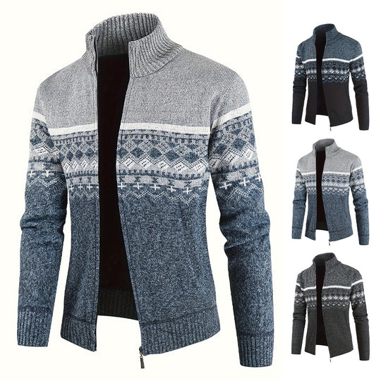 Herren Thermo-Strickjacke mit Stehkragen und Reißverschluss Norwegerstrick Fleece-gefüttert EB