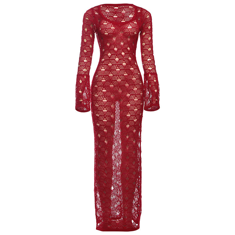 Damen Strickmaxikleid mit langen Ärmeln und großflächigem Häkelmuster EB