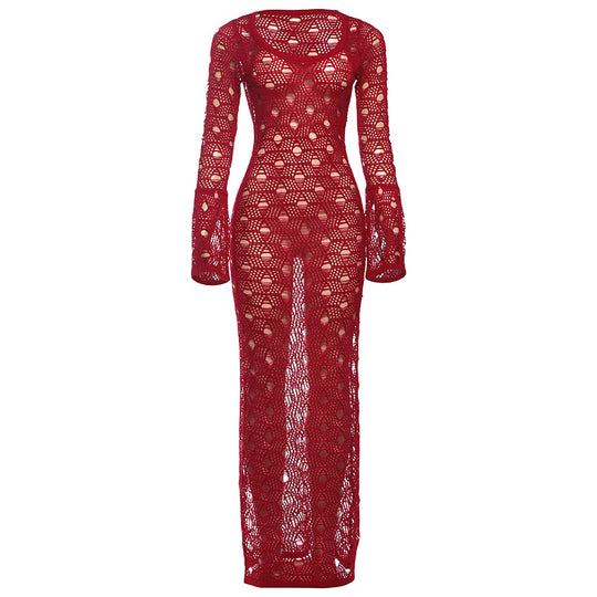 Damen Strickmaxikleid mit langen Ärmeln und großflächigem Häkelmuster EB