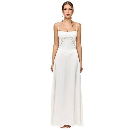 Damen Elegantes Maxikleid mit schmalen Spaghettiträgern und fließendem Satinfall EB