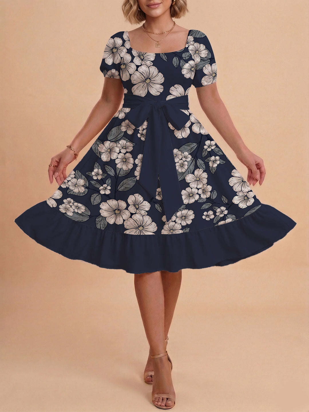 Damen Midi Kleid mit elegantem Blumendruck und tailliertem Gürtel EB