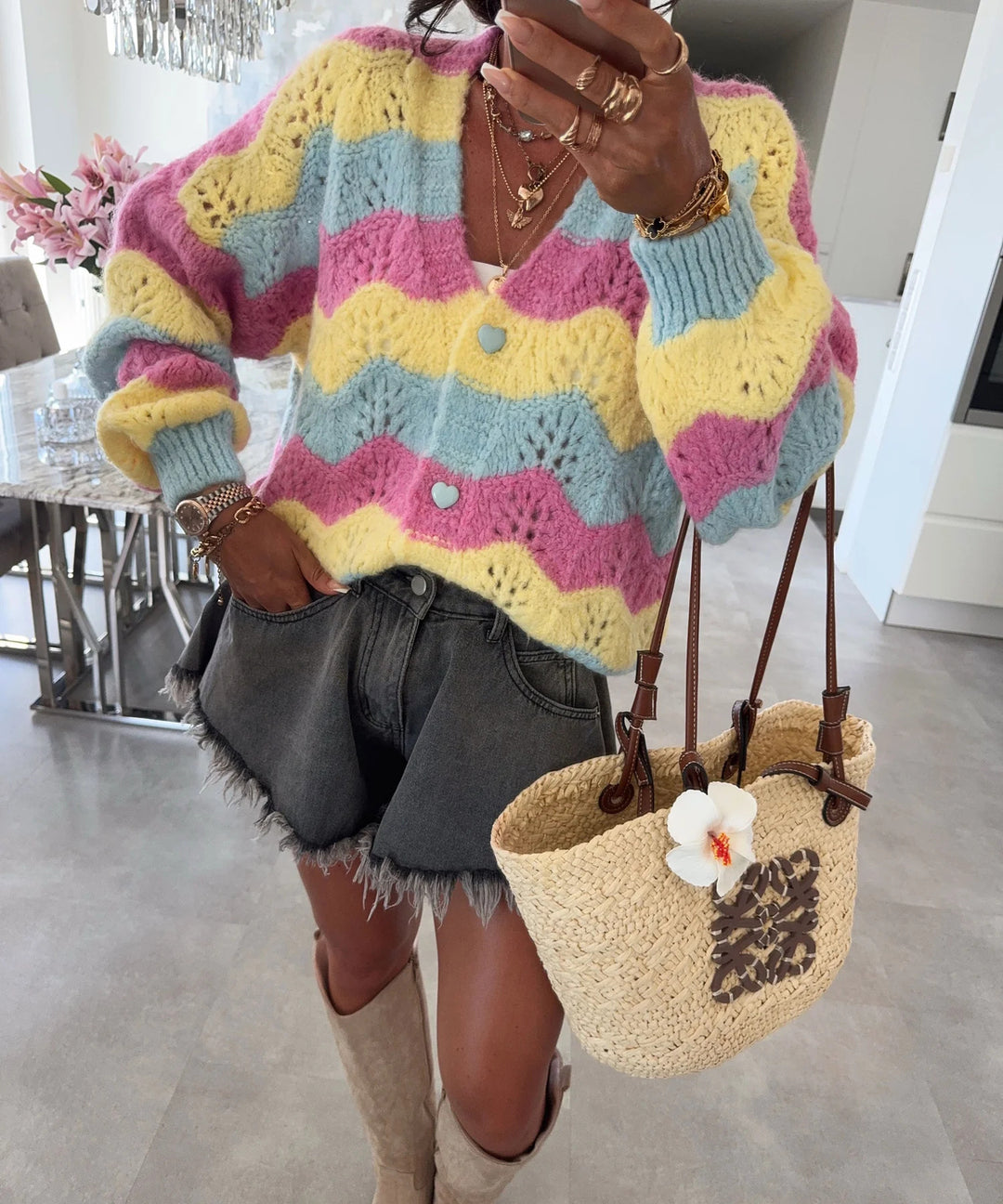 Damen gemütlicher Strickcardigan mit Wellenmuster EB