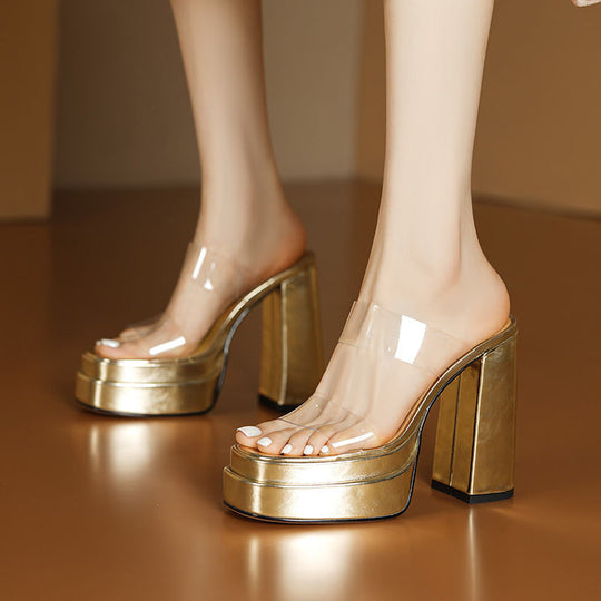 Damen elegante Plateau Mules mit transparentem Riemen EB