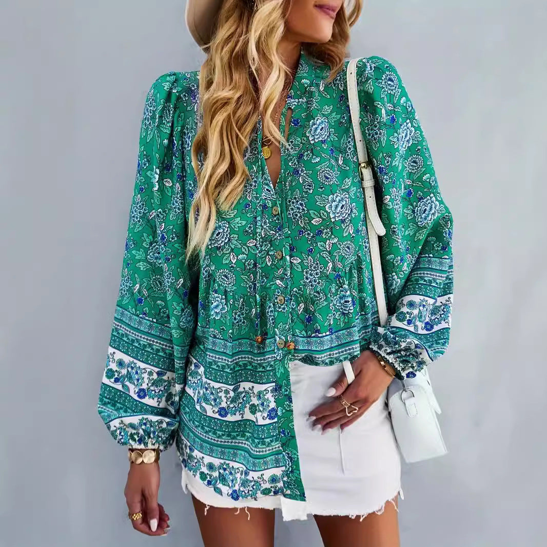Damen Blusentop mit buntem Blumenmuster und Volantärmeln EB