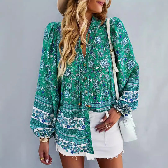 Damen Blusentop mit buntem Blumenmuster und Volantärmeln EB