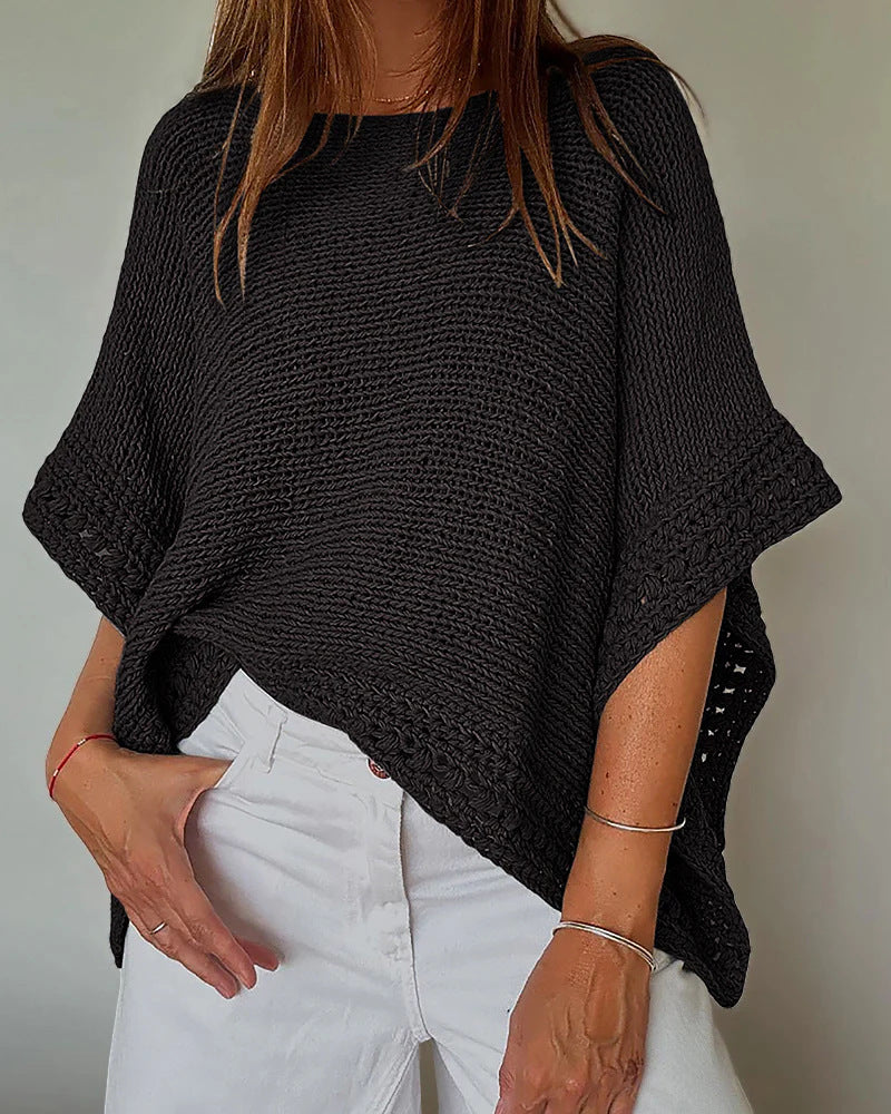 Damen Leichtes Oversize Strickponcho mit Häkelkante EB
