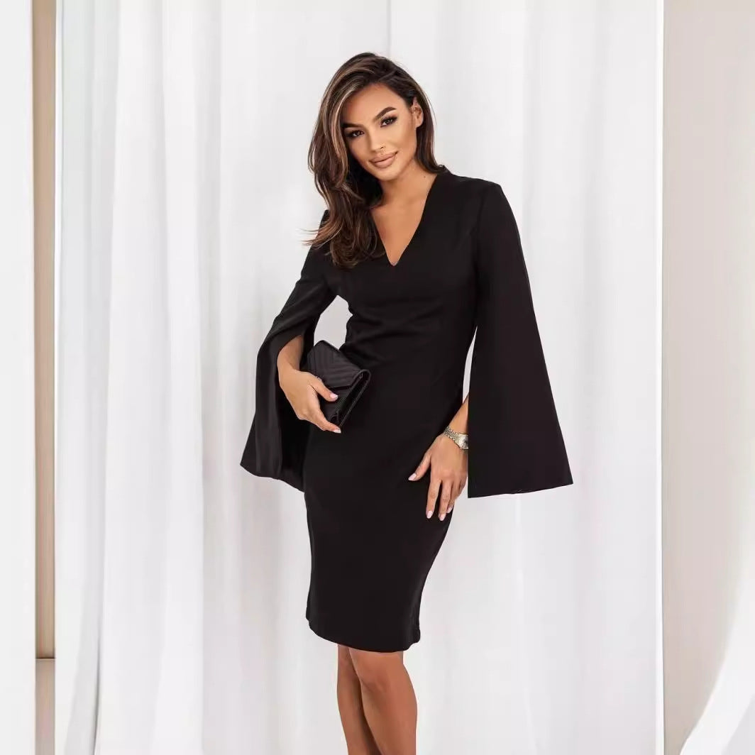 Damen Elegant geschnittenes Wickelkleid mit auffälligen Trompetenärmeln und V-Ausschnitt EB