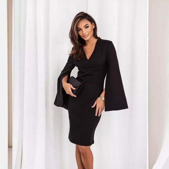 Damen Elegant geschnittenes Wickelkleid mit auffälligen Trompetenärmeln und V-Ausschnitt EB