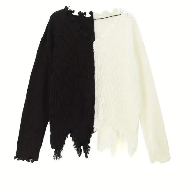 Damen Lässiger Strickpullover mit asymmetrischem Design und Fransen EB