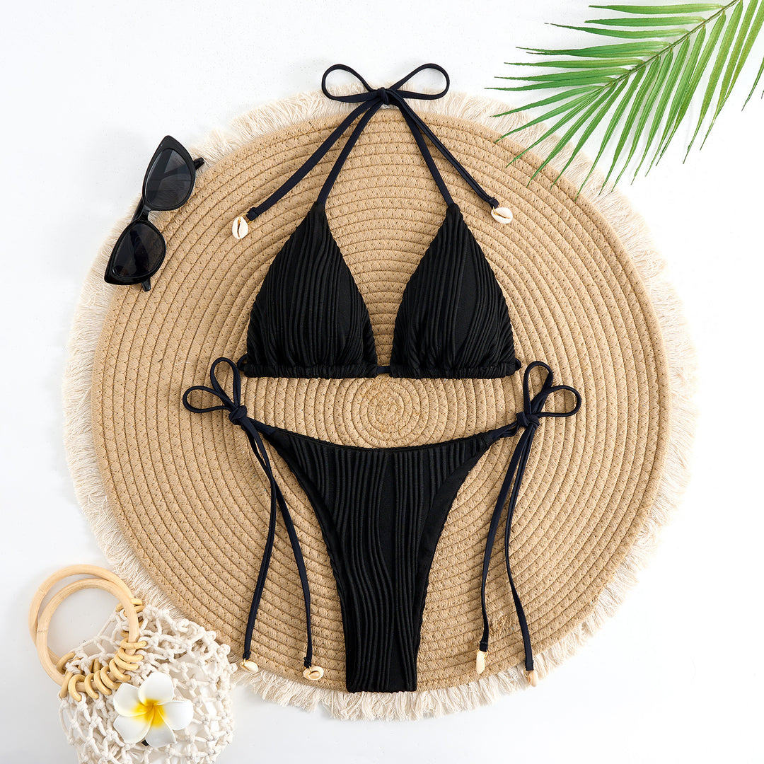 Damen Triangel-Bikini-Set mit verstellbaren Schnürdetails und gekräuseltem Design EB