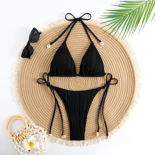 Damen Triangel-Bikini-Set mit verstellbaren Schnürdetails und gekräuseltem Design EB