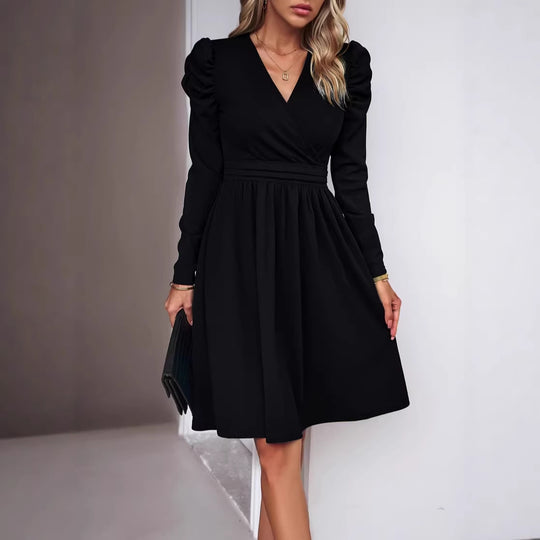 Damen Wickelkleid mit V-Ausschnitt, gerafften Puffärmeln und tailliertem Faltenrock EB
