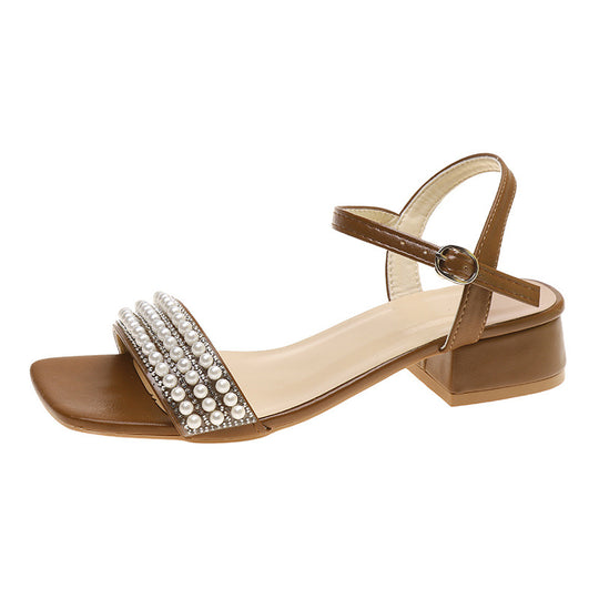 Damen elegante Sandalen mit Perlenverzierung und niedrigem Blockabsatz EB