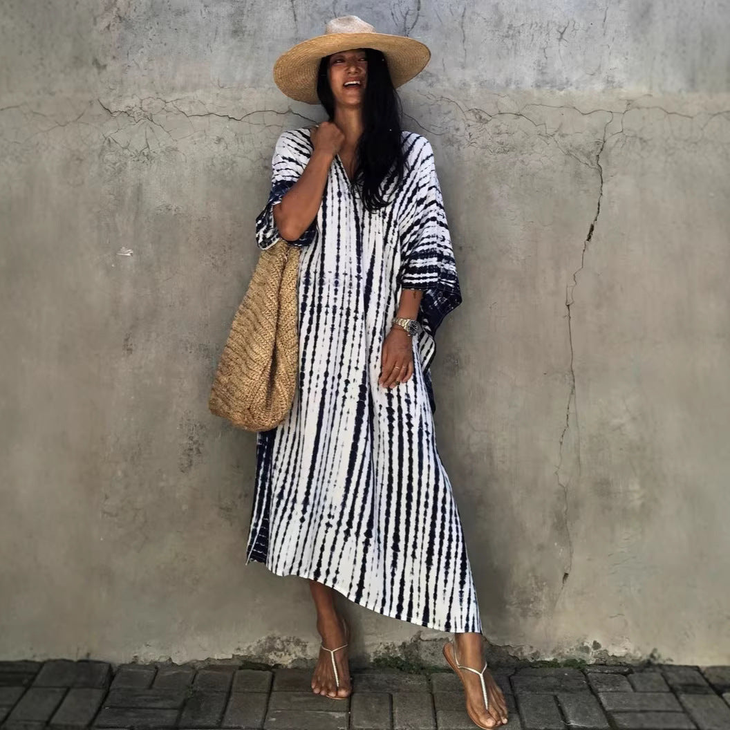 Damen Strandkleid mit buntem Batikdesign und weit geschnittenen Ärmeln EB