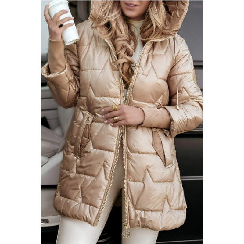Damen Longline Steppjacke mit abnehmbarem Kapuzenfutter und seitlichen Reißverschlusstaschen EB