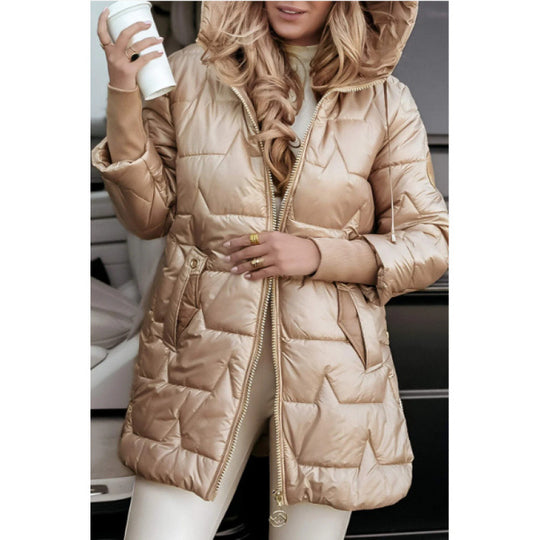 Damen Longline Steppjacke mit abnehmbarem Kapuzenfutter und seitlichen Reißverschlusstaschen EB