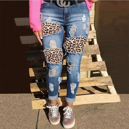 Damen Ripped Skinny Jeans mit Leoparden-Applikationen EB